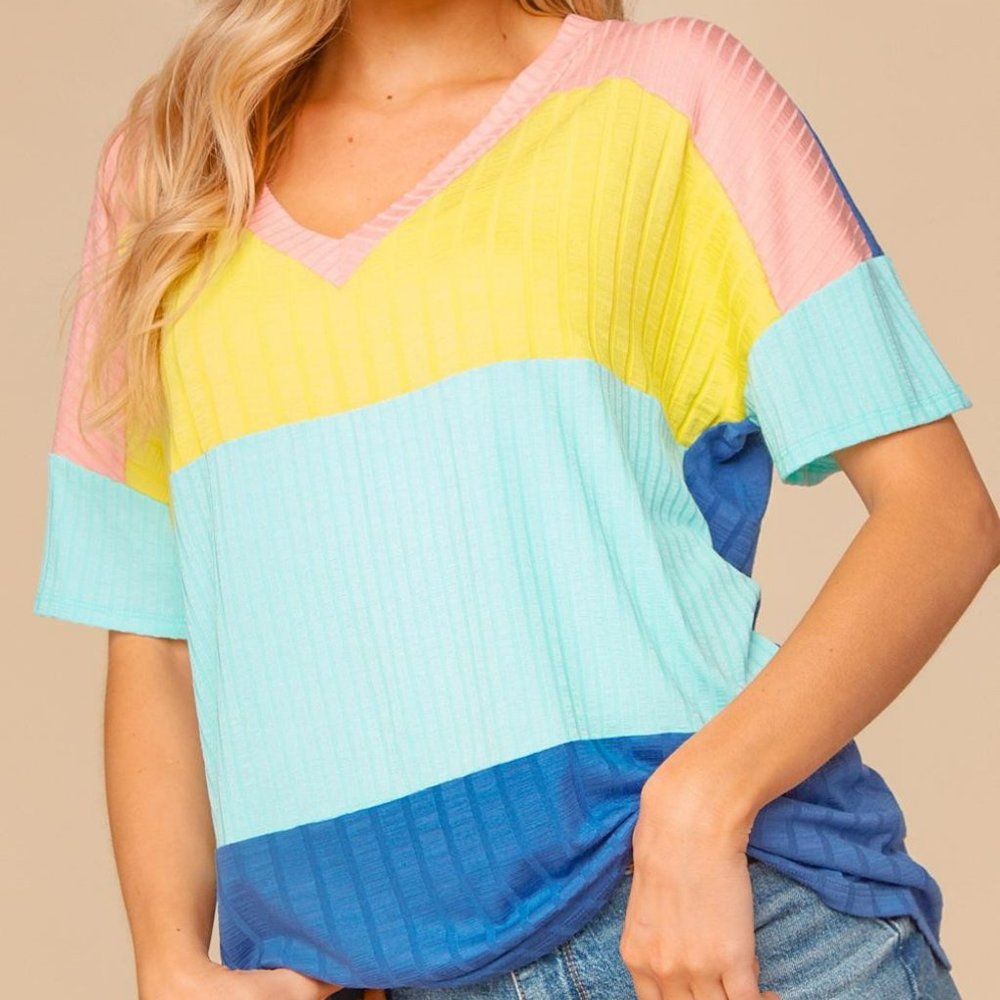 Multicolor Color Block V-Neck Vertical Textured Pointelle Top NWOT